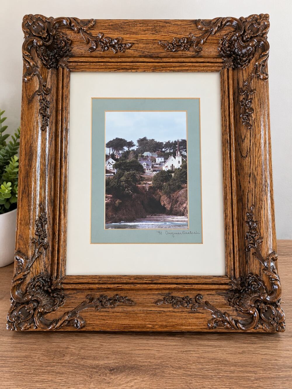 Virginia Oesterle Signed 1992 Coastal Village Art Ornate Wood Frame